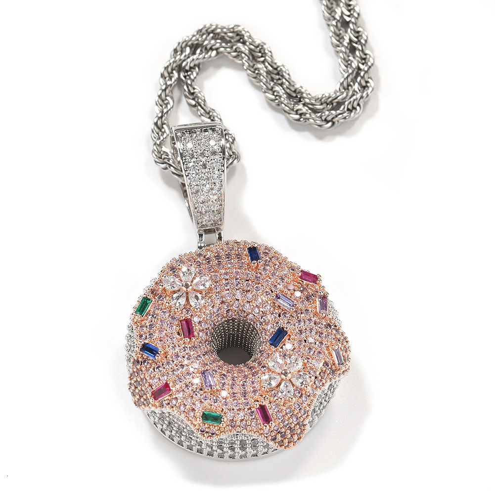 hip-hop with VVS Moissanite inlaid colorful donut pendant trendy brand necklace Instagram style fashionable and personalized jewelry