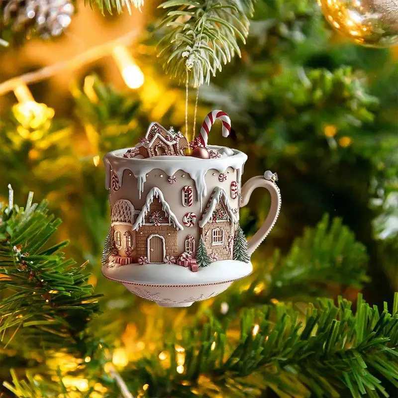 Coffee Cup Ornaments For Christmas Tree 2D Acrylic Christmas Snow Houses Chocolate Mug Pendant Christmas Tree Car DecorM251111