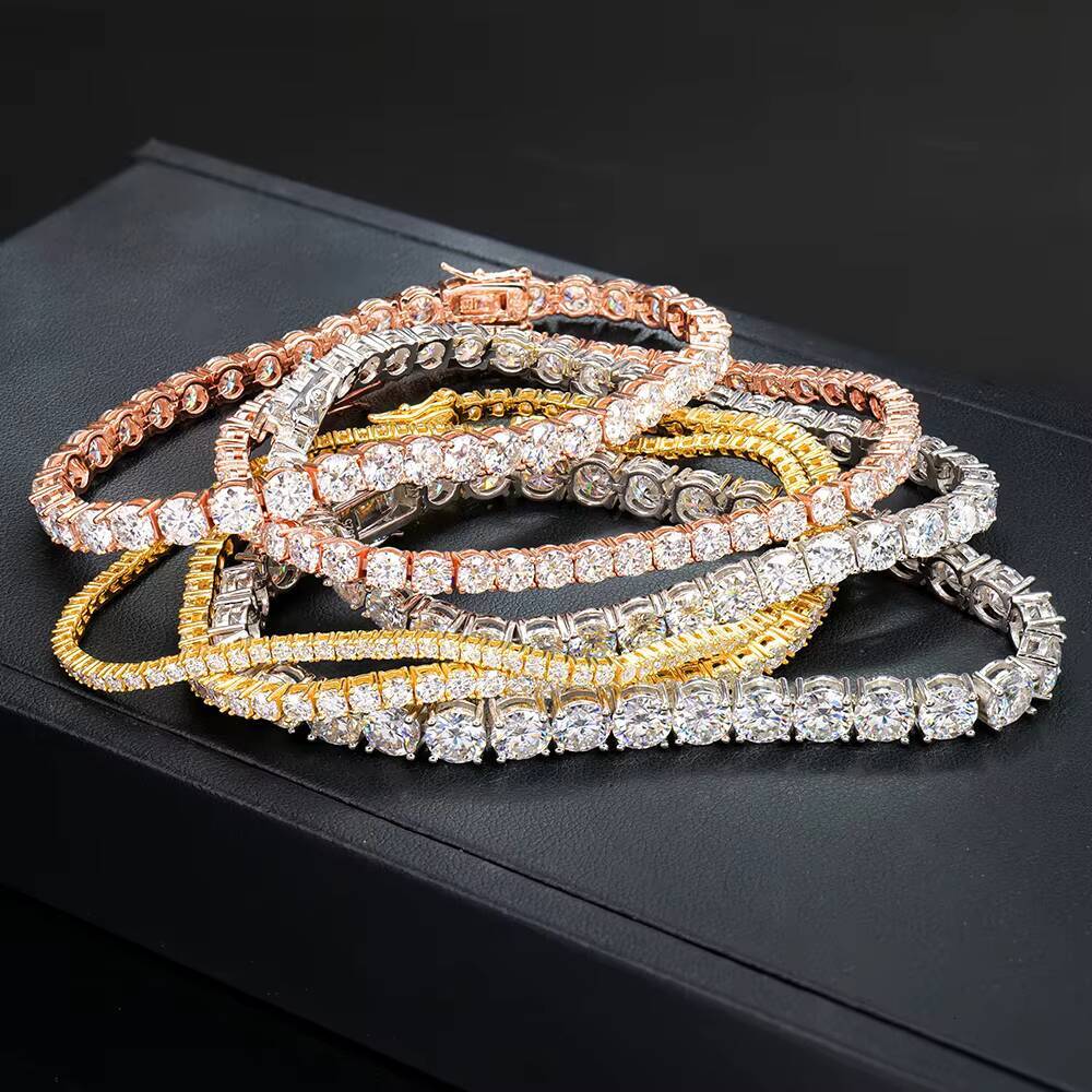 S925 Tennis Bracelet with Four Claws Set in 3mm DEF Color Round Brilliant Cut Moissanite Various Plated Colors for Selection