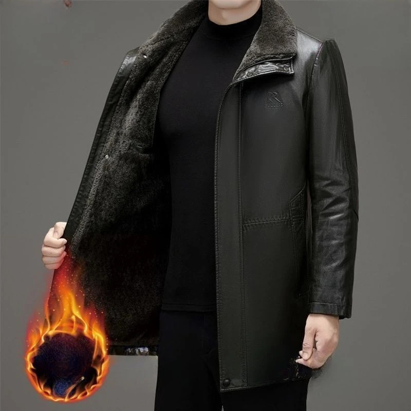2026 Men Mid-length Faux Sheepskin Leather Jackets All-in-one Pure Leather Coat Imitating Fur FALL Winter Pu Leather Jackets 251110