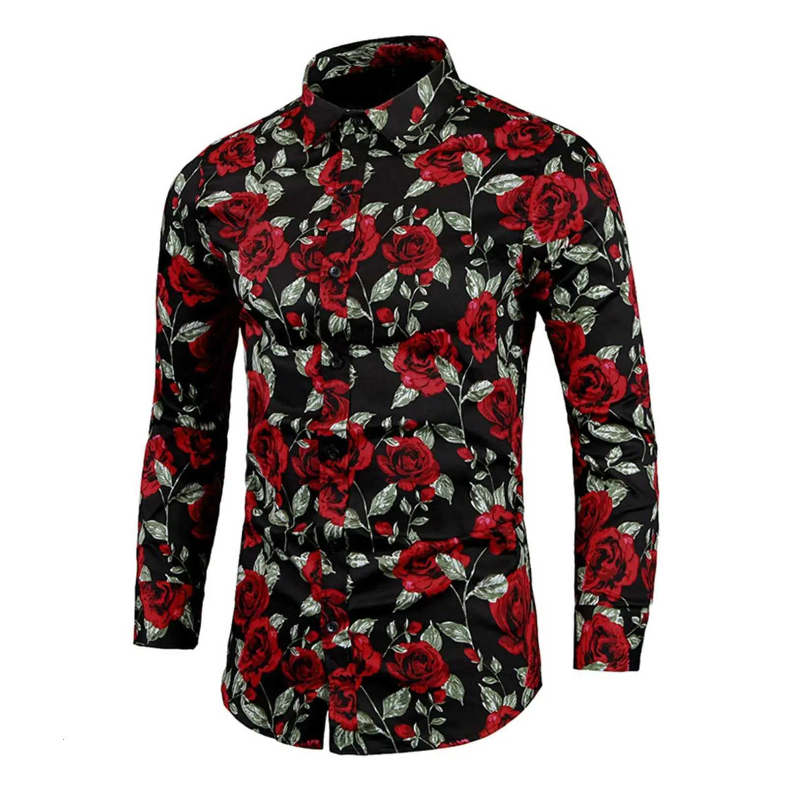 Mens long-sleeved shirt casual fashion 3d rose print shirt mens lapel shirt long-sleeved New Year gift K251110