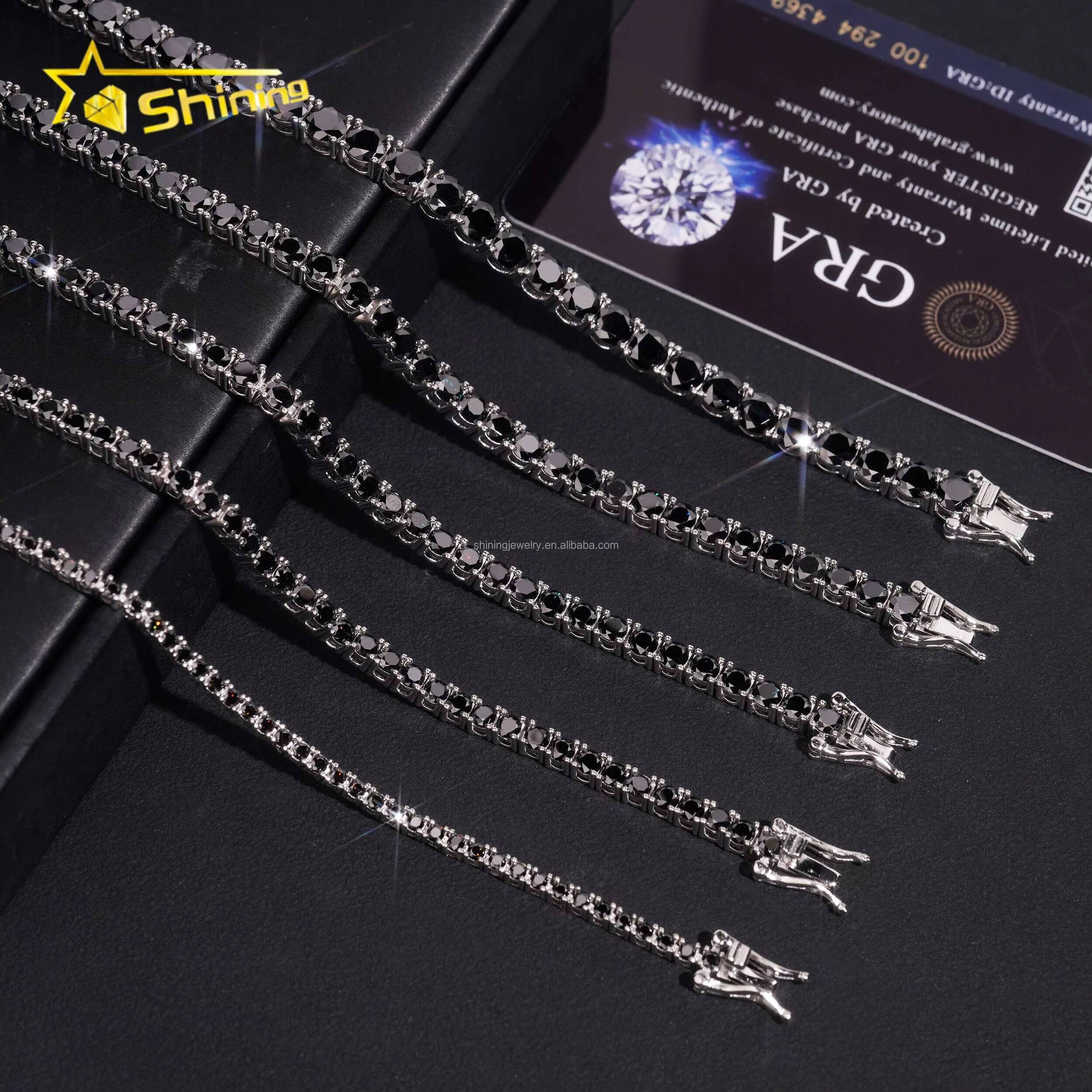 Bulk Stock 2mm 3mm 4mm 5mm 65mm Hip Hop Hot Selling Fire Jewelry Black Moissanite 925 Sterling Silver Tennis Chain Bracelet