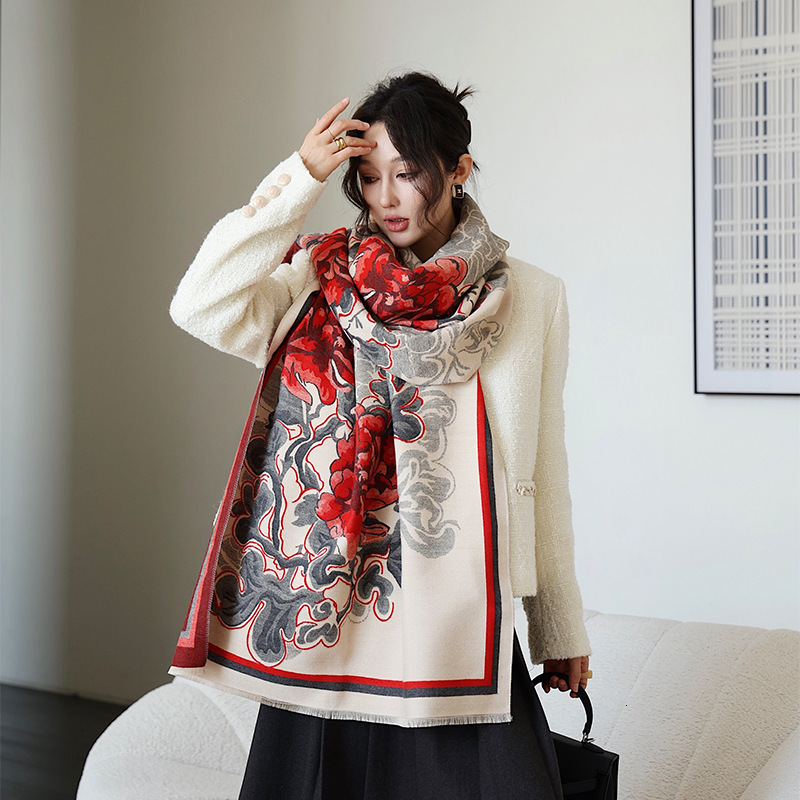 National Style Peony Winter Scarf for Women, Warm Double-Sided Thickened Retro Shawl, New Fashionable High-End Neck Warmer