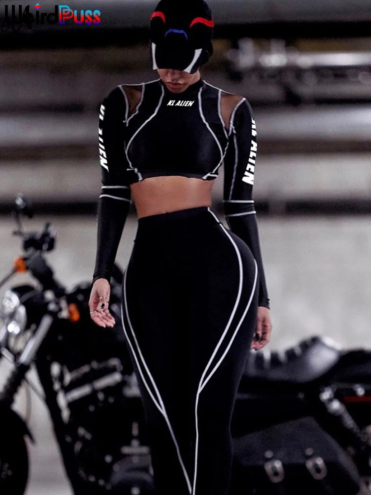 Weird Puss Womens Sportswear Letter Printing 2piece Set Fitness Full Sleeve Crop Top Elastic Leg Active Leisure Slimming 250411