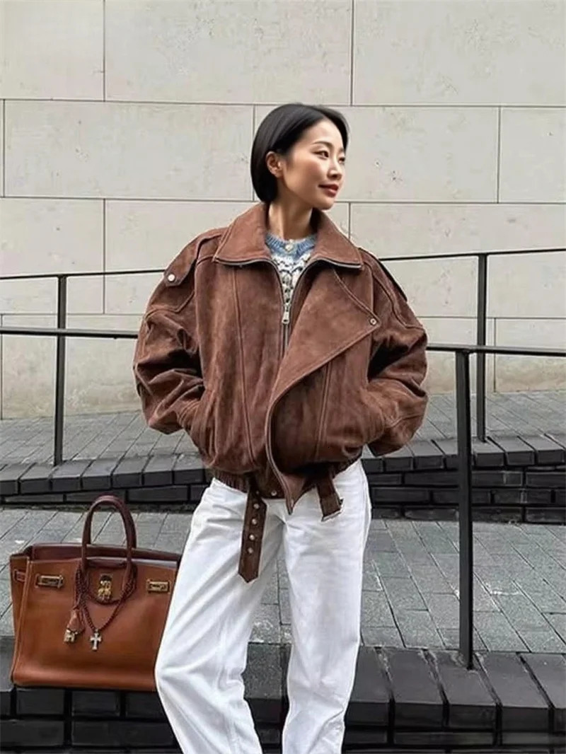 Womens Belt Short Suede Jackets Loose Lapel Long Sleeve Zipper Coats Spring Lady Vintage Female Outwear Street 251106