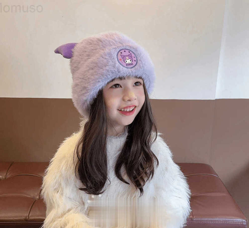Sanrio New Stylish Plush Hat for Children Winter Cute Kuromi Warm Hat for Girls Fleece-Lined Cold-Proof Hat H251110
