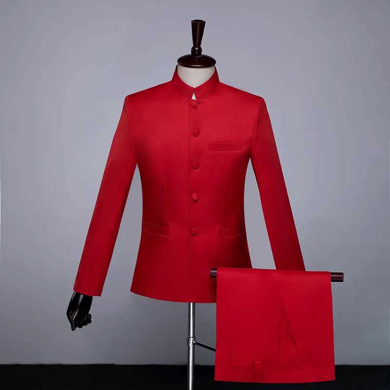 New mens stand up collar embroidery set 2-piece fashionable mens business social wedding dance stage performance dress jacket pants W250410