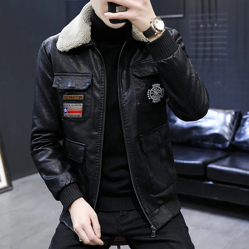 Faux Leather Jacket Men Fashion Badge Patches Male Thicken Pu Jackets Winter Fur Collar Plush Lining Motorcycle Moto Coat Men 251110