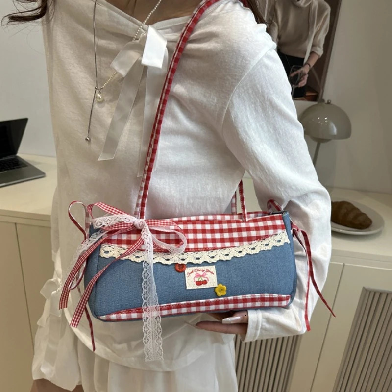 Versatile Lace Bow Plaid Women Shoulder Bags Casual College Girls Denim Underarm Bag Large Capacity Female Square Handbags Tote 251103