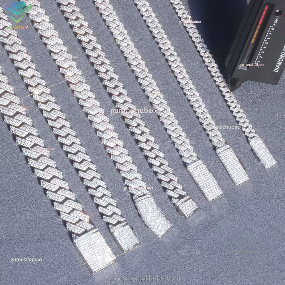 Gold Plated 100% Pass Tester 2rows VVS Moissanite 8mm-15mm Wide Sier Cuban k Chain for Hip Hop Rapper Jewelry