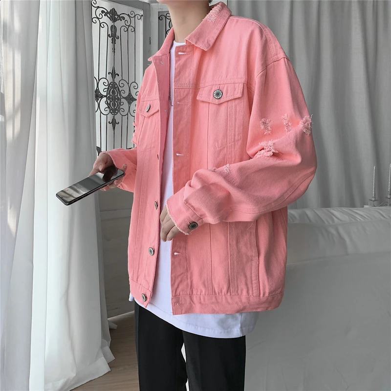 autumn mens denim jacket ultrathin slim fit cotton red white black cracked hole Jean Coats plus size M5XL 250401