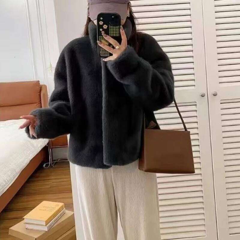 Women Fashion Stand Collar Mink Top Female Long Sleeves Fox Jacket Autumn And Winter Lady Short Leather Fur Outwear