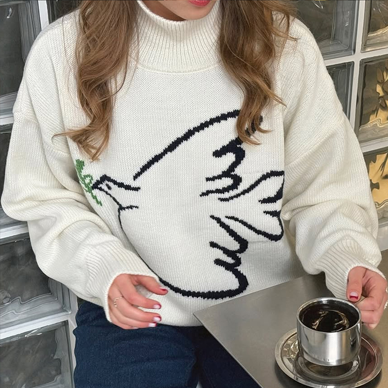 Women's solid-color jacquard sweater, high-neck comfortable street-style long-sleeved sweater, peace dove jacquard, fall clothes christmas sweate