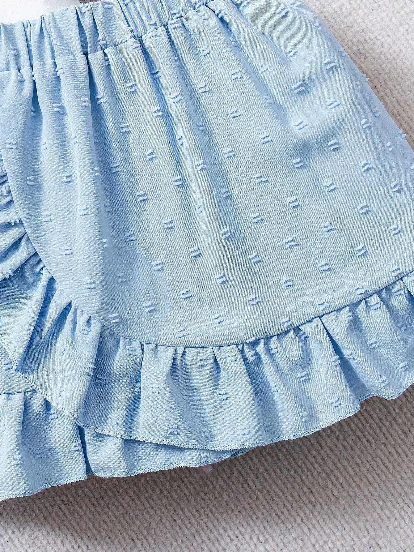 Girls Blue Bow Tee Tiered Skirt Set#Sweet Preppy Outfit for Ages 4-7School/PartiesS/SXJ250410