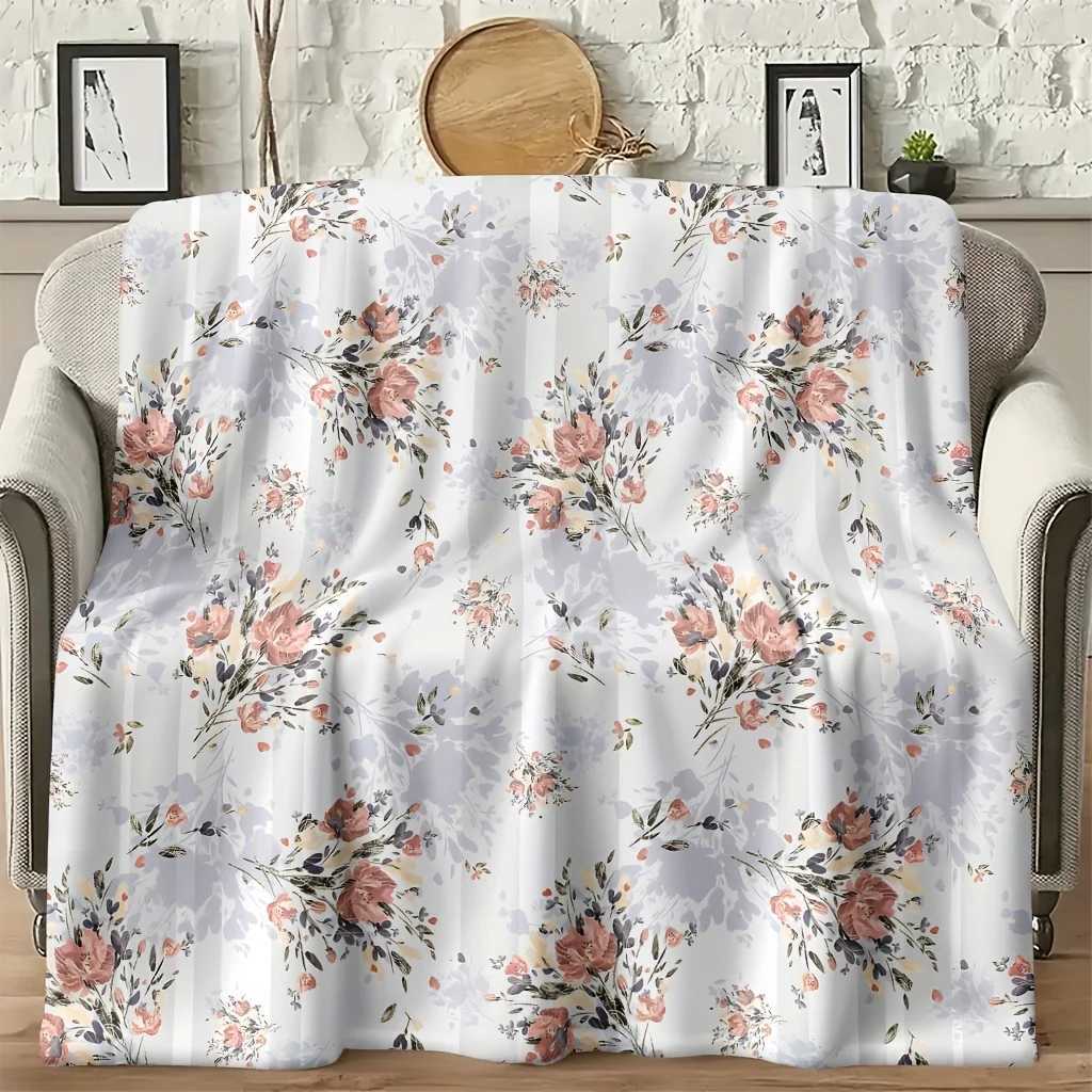 1pc Floral Printed Wool Blanket - Polyester Fabric Machine Washable Suitable for Bedroom Living Room Sofa Decoration C251111