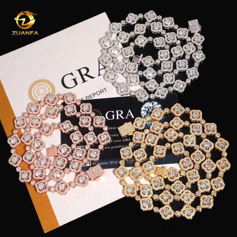 Iced Out Moissanite Jewelry 925 Sterling Silver Fashion Women Moissanite Flower Necklace Hip Hop Necklace Cuban Link Chain