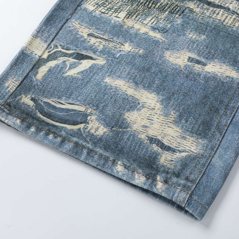 Women's Wear Women's Wear Abandoned Soil Style Full Vintage Printing, Denim Pants, Trendy High Street Design, Niche Loose Straight Leg Pants