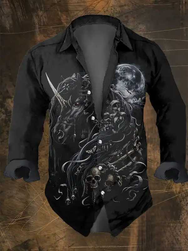 2024 Mens Vintage Dark Skull Print Long Sleeve Shirt - Skull PrintRegular Fit Lapel Collar Polyester BlendHalloween Party K251110