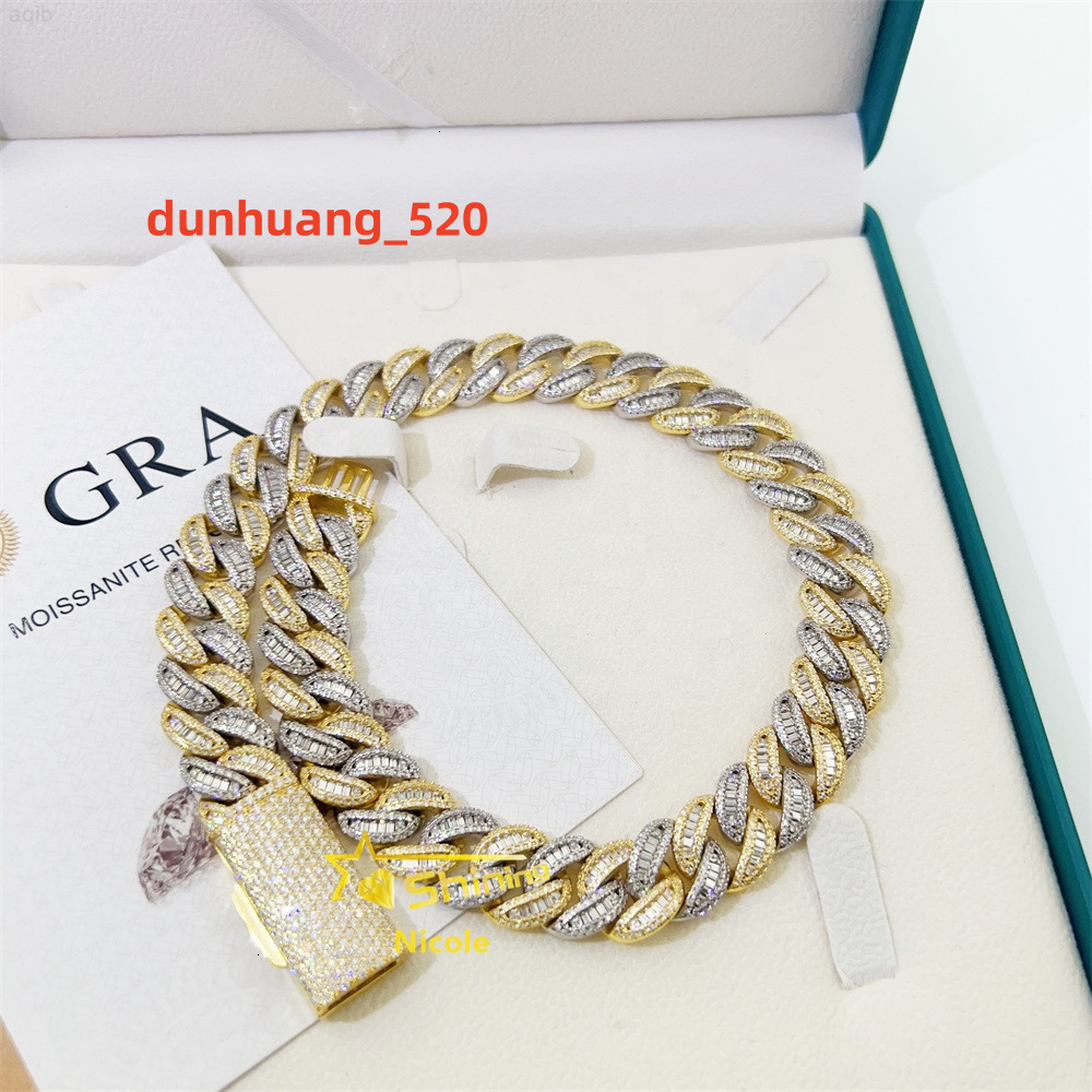 Custom Iced Out Jewelry 15mm Width 2 Tones Gold Plated S925 Gra Moissanite Miami Cuban Link Chain
