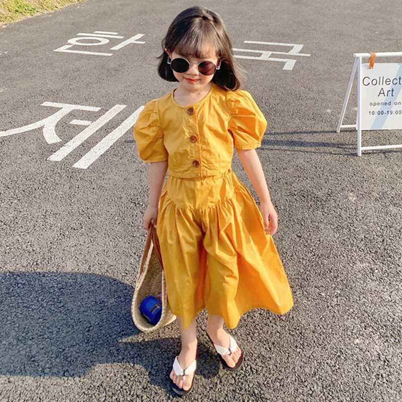 2022 Spring/Summer New Childrens Clothing Set Girls Fashion Set European and American High Waist Top Wide Leg PantsXJ250410