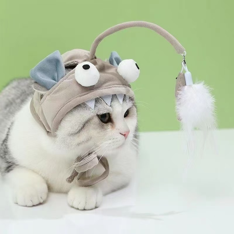 Cat hat with a built-in cat toy, cat headgear, pet dog feather self-entertainment toy, pink hat