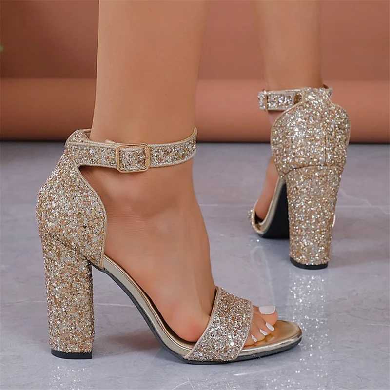 Sparkling thick high-heeled womens sandals summer ankle buckles wedding high heels open toe platform sexy party shoesXJ250410