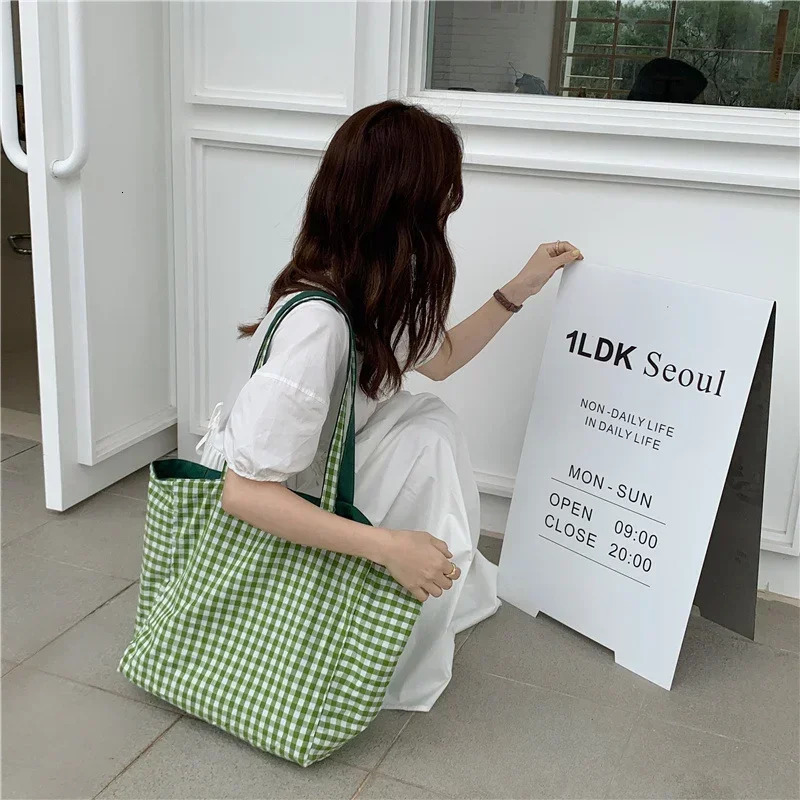 Women Canvas Shoulder Bags Plaid Double-side Large Capacity Handbags Female Shopping Portable Lazy All-match Foldable Tote Bag 251110