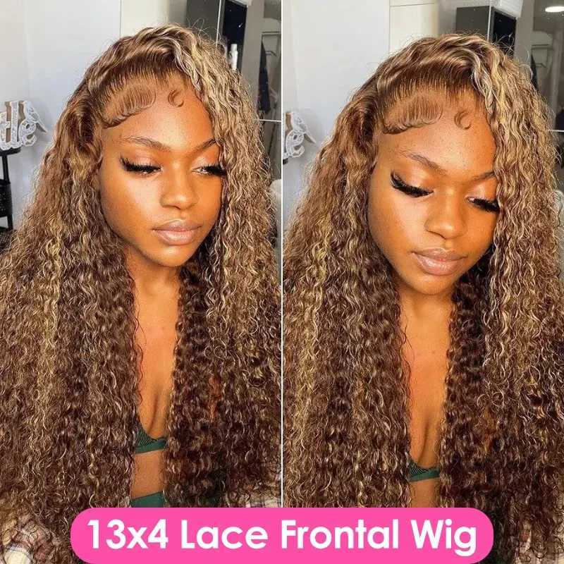 Luckathy Curly Colored Highlight Wig Human Hair Deep Wave 13X6 Hd Lace Frontal Wig 13X4 4/27 Ombre Brown Blonde Lace Front WigsT251111