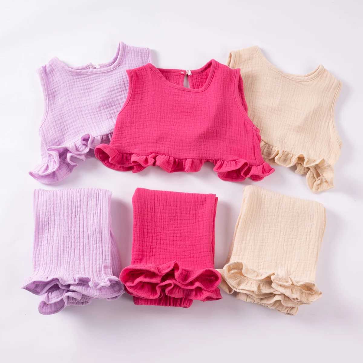 2024 Summer Solid Ruffle Top and Wide Leg 2-piece Solid Korean Childrens Clothing 0-6YXJ250410