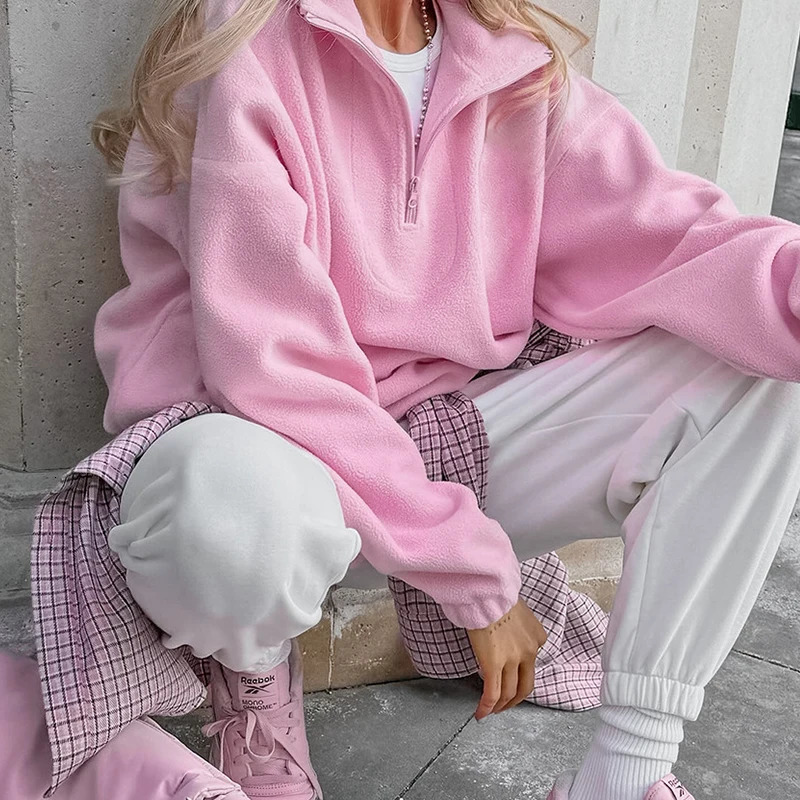 Pink Winter Lamb Fleece Hoodie Women Casual Loose Thick Zipper Long Sleeve Lapel Pullover Top Lady Hoodies Streetwear KPOP 251106