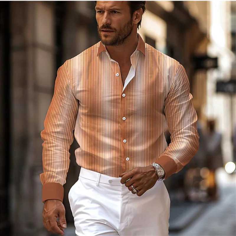 Striped mens business casual 3D printed shirt street daily wear spring and summer lapel long-sleeved 5XL stretch fabric shirt K251110