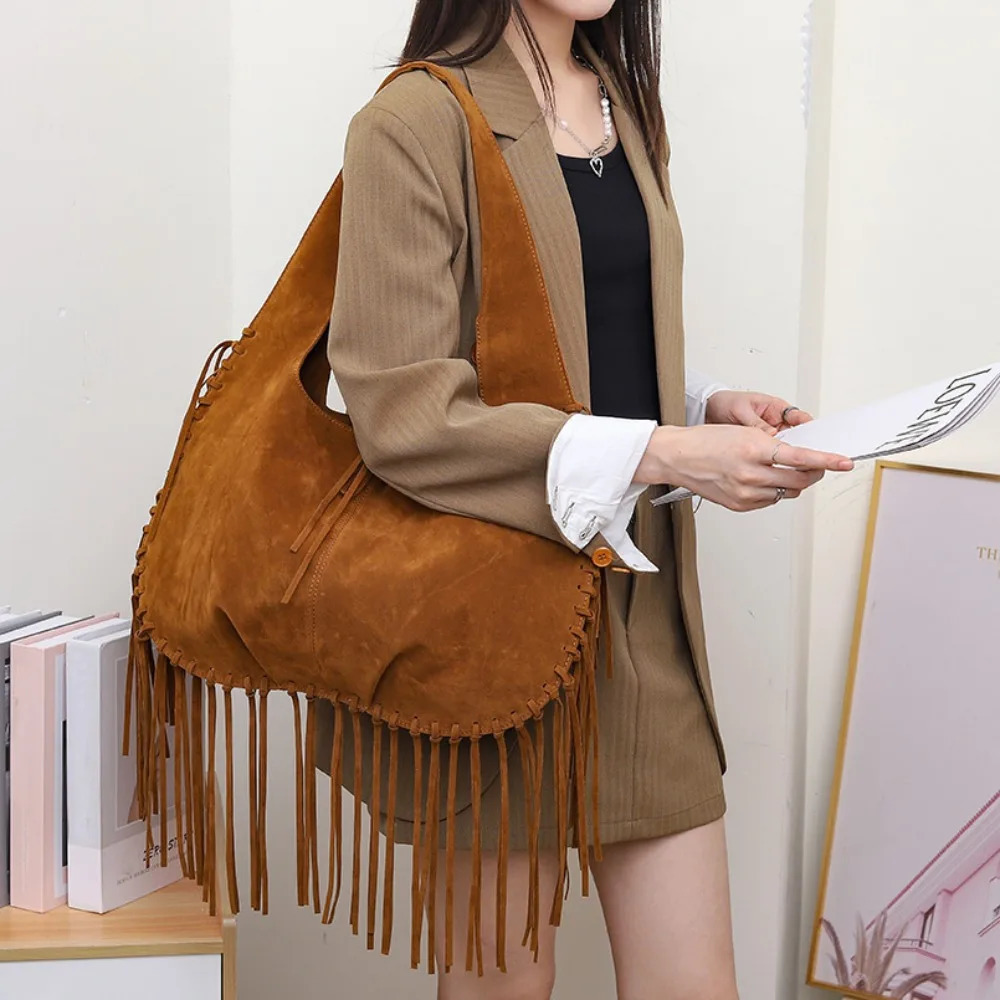 Tassel Crossbody Bag For Women Large Capacity Shoulder Bags Commuter Suede Travel Handbags Solid Color Purse Handbags 251110