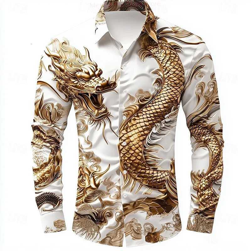 multicolour Dragon Mens Long Sleeve Shirt Button Fashion Casual Shirt Vacation Everyday Spring Lapel 3D Printed Mens Clothing K251110