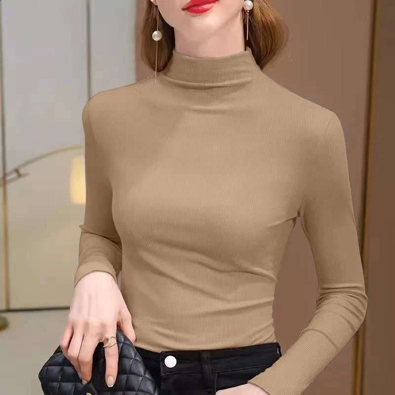 Womens elastic semi high neck solid ribbon top long sleeved tight bottom basic shirt casual clothing autumn 250411Z