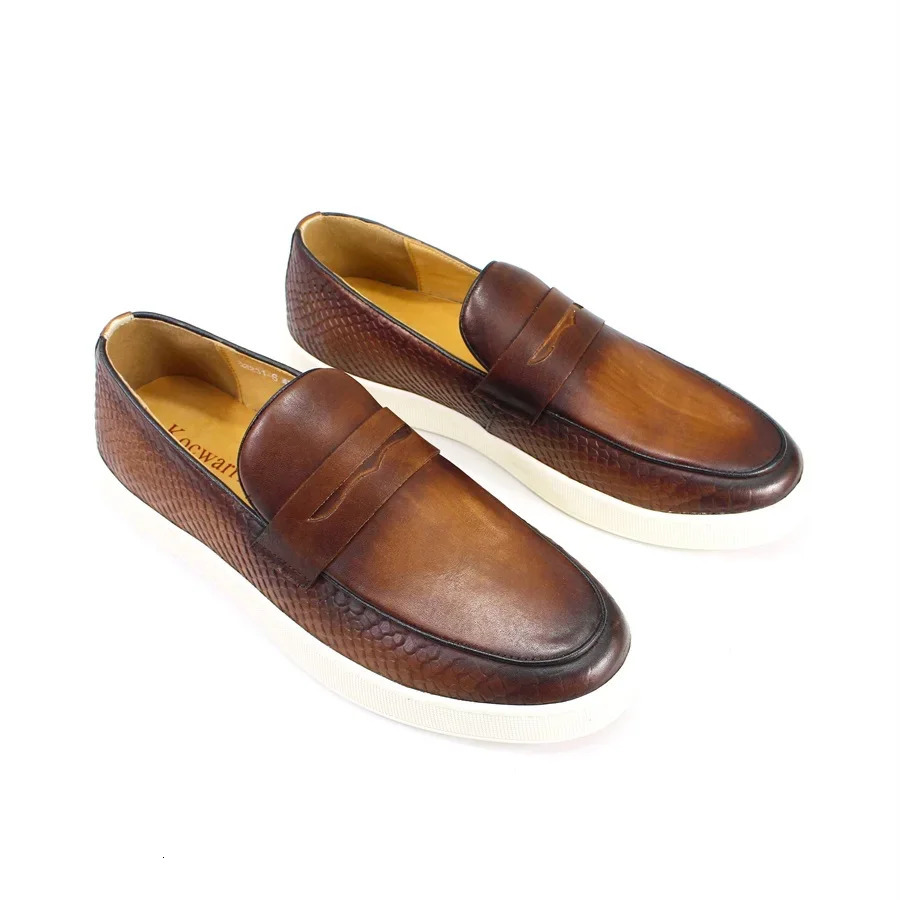 Handmade Genuine Leather Mens Loafers Red Pattern Penny Slip-On Dress Flats for Office Wedding Party 251106