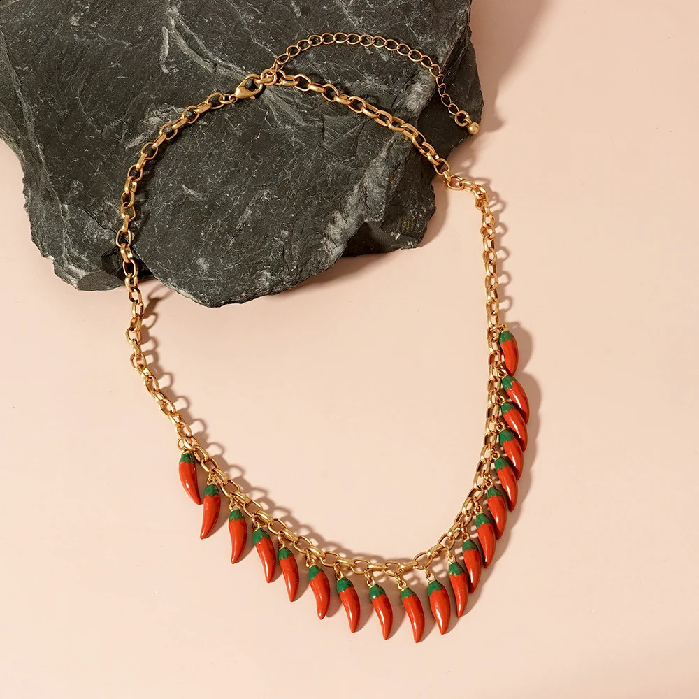 Fashion Trend Red Chili Tassel Pendant Necklace Vegetable Adjustable Jewelry Banquet Womens Gift 250409
