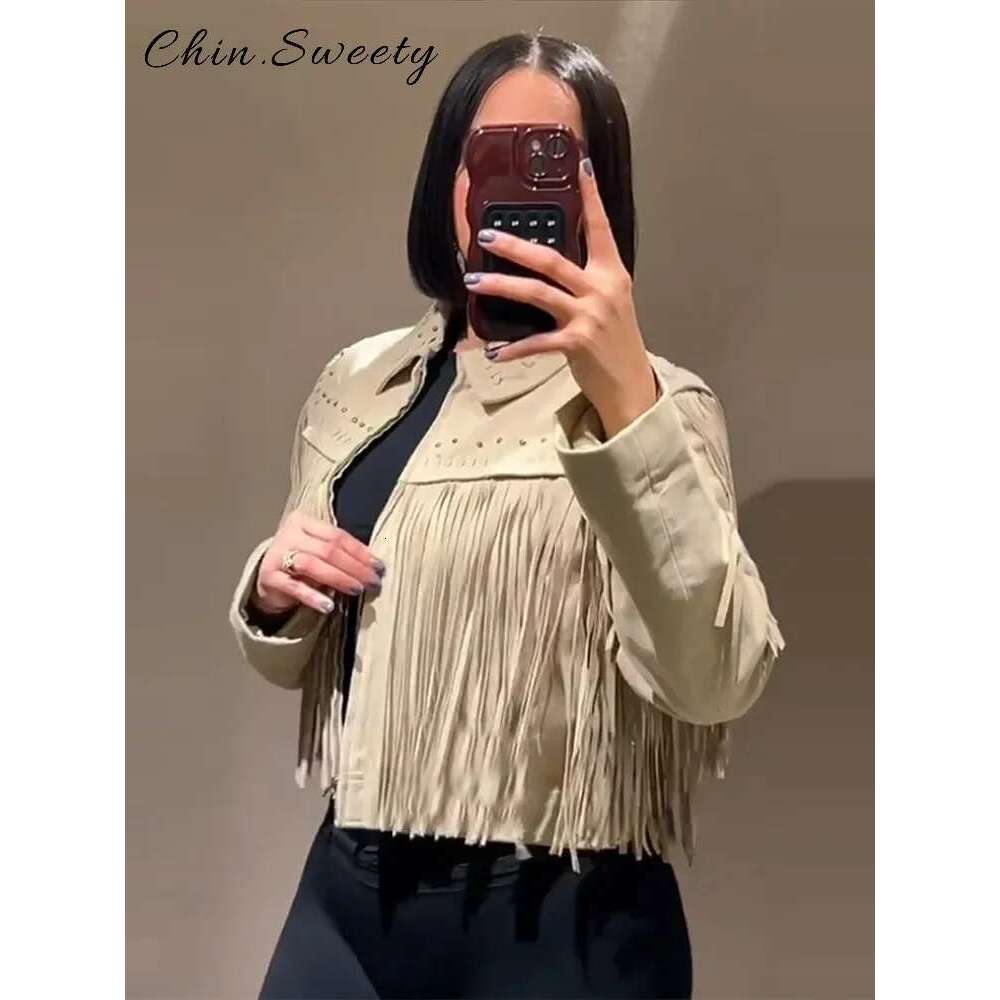 Casual Retro Tassels Rivet Short Jacket Women Solid Loose Lapel Long Sleeve Ziper Jackets 2025 Spring Lady High Street Coats New