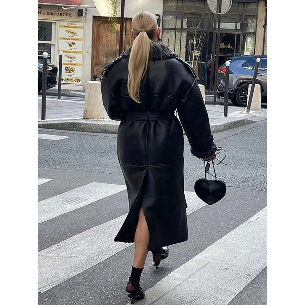 Faux Fur Leather Jacket Women Lapel Long Sleeve Belt Thicken Female Coats 2024 Winter Fashion Street Patchwork Lady Outwear