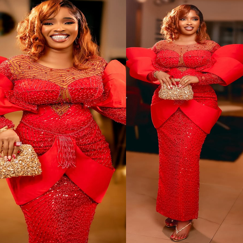 2026 Plus Size Red Mermaid Prom Dress Evening Dresses Formal Gowns For Special Occasions Illusion Sheer Neck Beaded Lace Crystals Pearls Birthday Dres