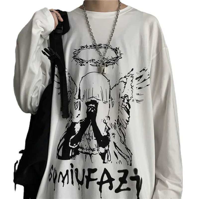 Mens autumn T-shirt Y2k streetwear oversized long sleeved anime T-shirt Harajuku Gothic retro graphic manga T-shirt M250411