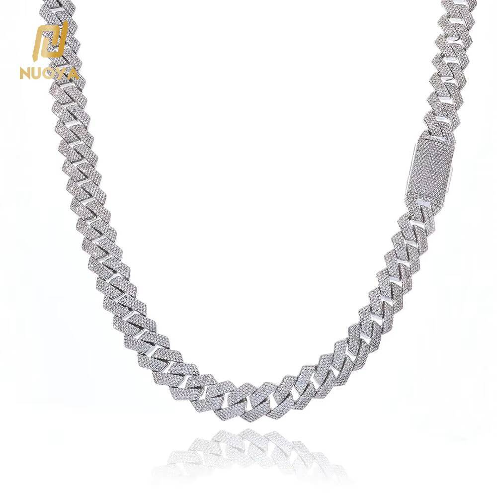 NUOYA Luxury Hip Hop Chain Necklace 15mm Width Box Clasp Micro Pave 4 Row Moissanite Diamond Prong Cuban Link Chain Rapper Jewelry
