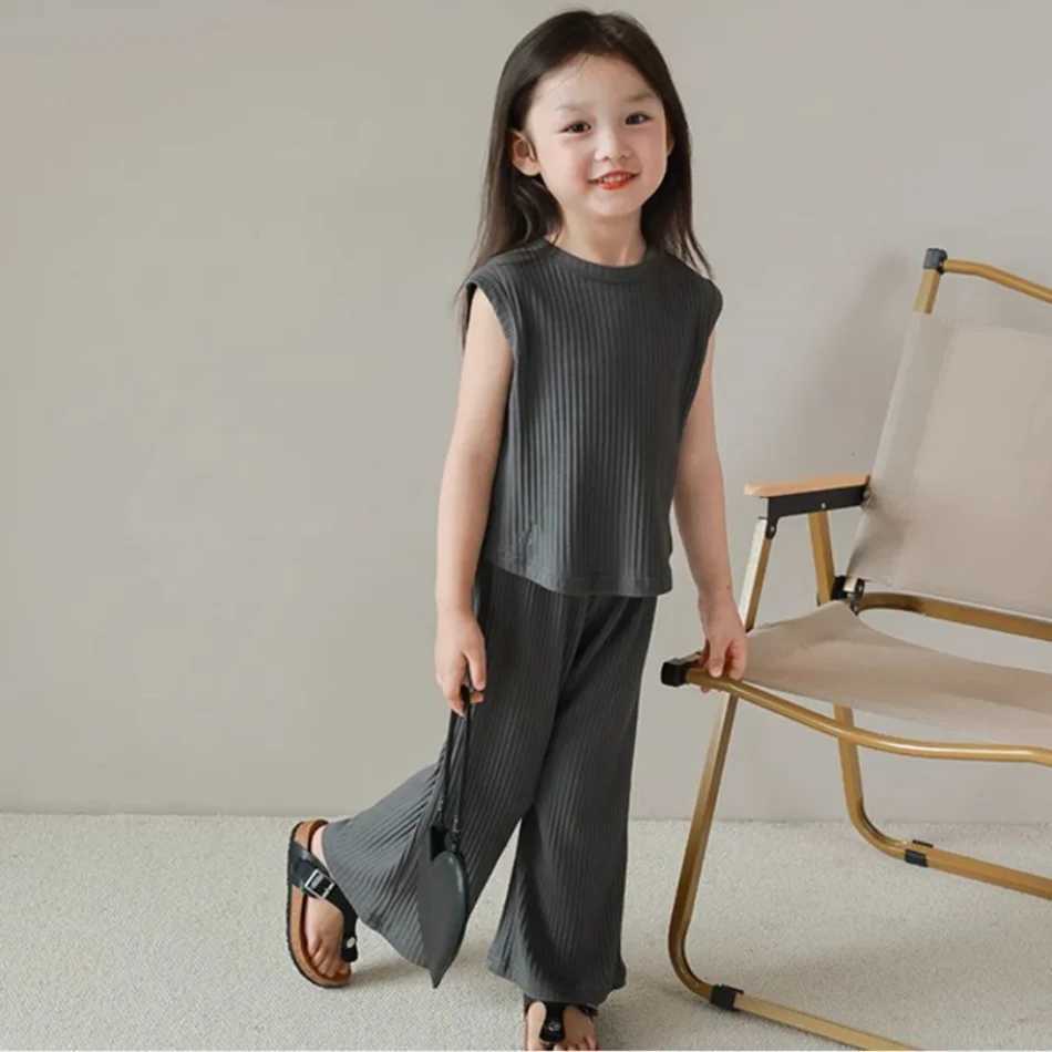 Childrens clothing summer new girl ice silk set girl summer loose set sleeveless vest top pants two-piece set childrens setXJ250410