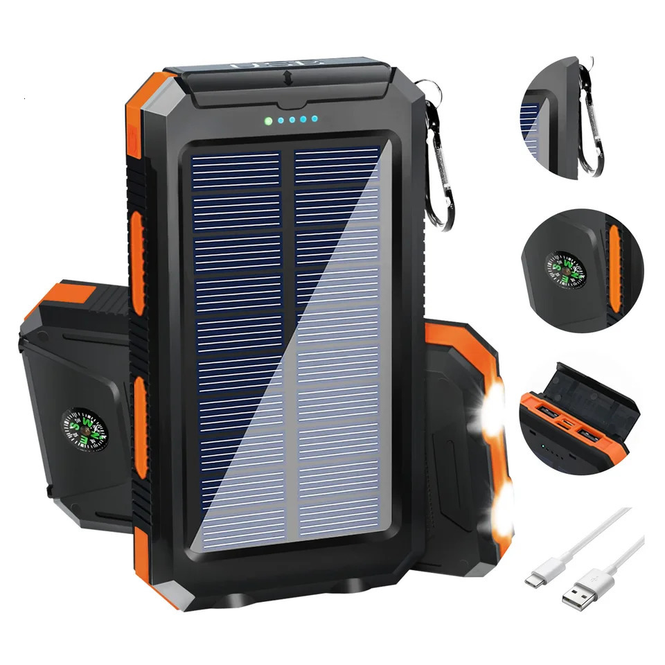20000mAh Solar Power Bank Portable Solar Charger Waterproof Dual 5V USB Ports 2 LED Light Flashlight For Cell IPhone Outdoor 251110