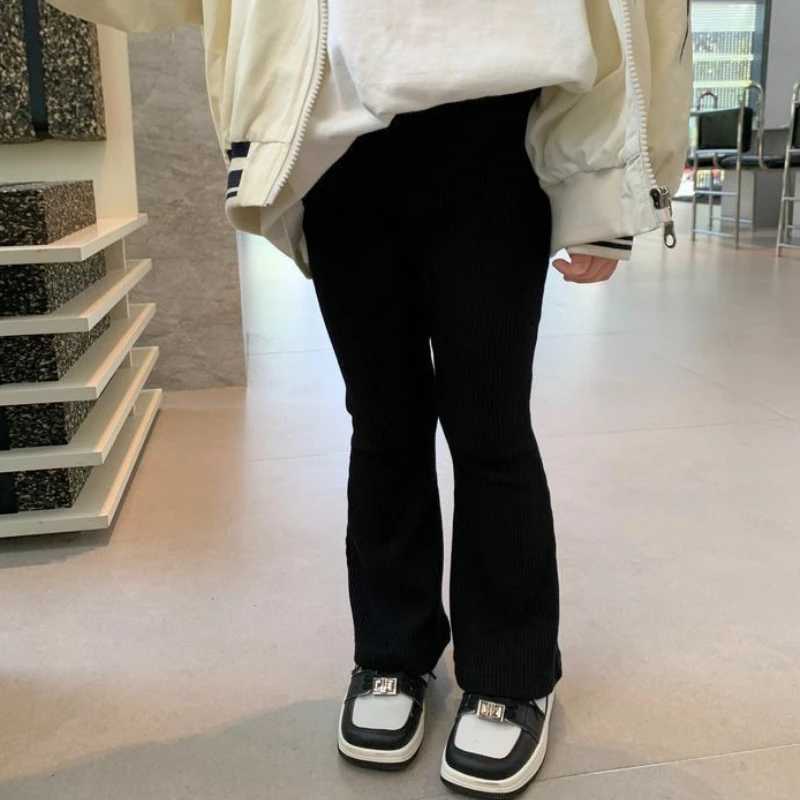 2024 Fashion Kids Girls Cotton Ribbed Flared Pants Spring Autumn Sweet Elasticity Slim Solid Color Trousers Leisure Pants 1-6Y L251110