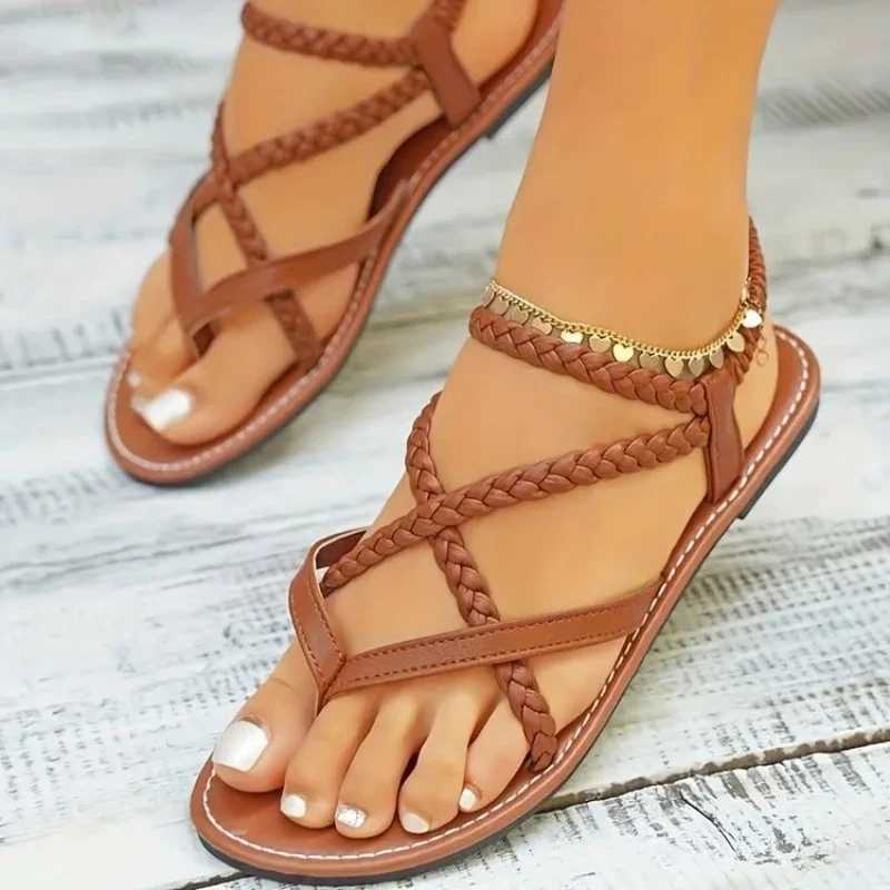 Fi casual flat shoes womens plus size womens shoes summer new woven foot elastic band Roman beach shoesXJ250410
