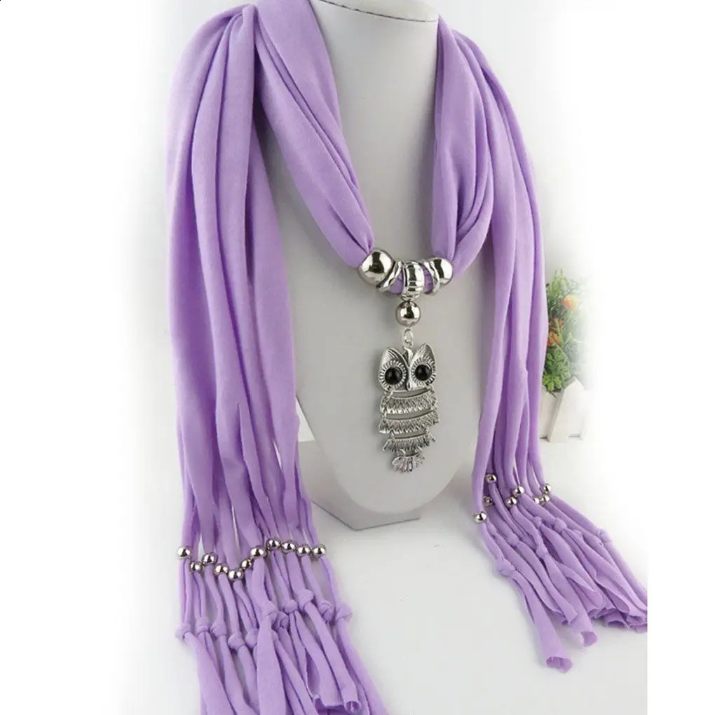 Womens Classic Owl Pendant Jewelry Scarf Necklace Scarf Edge Long Scarf 250409