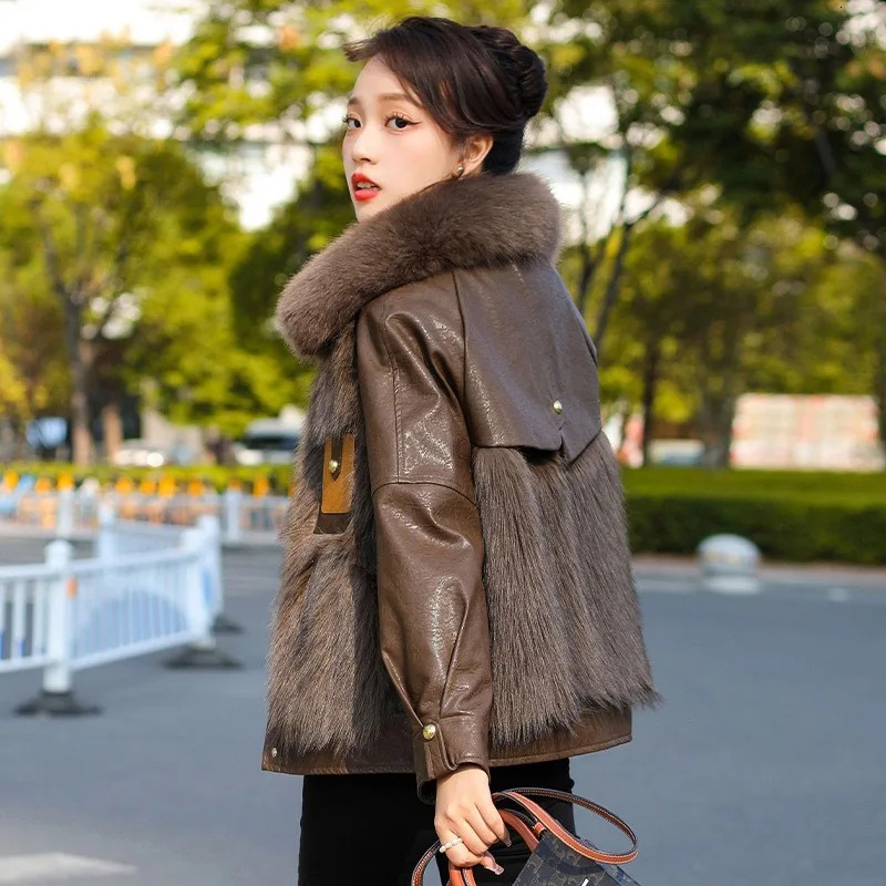 Women Faux Fur Leather Coats Thick Warm Coat Patchwork Single Breasted Jackets Full Sleeve Solid Casual Elegant Splice 251103