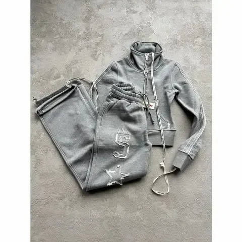 Gothic Womens Zipper Sweatshirt Pants Two Piece Set Y2K Harajuku Letter Patchwork Embroidery Vintage Oversized Jacket Pants Set251111