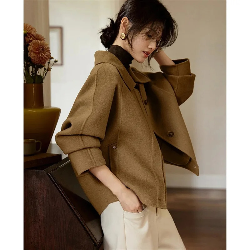 Long Sleeves Wool Blend female Outwear Korean Large Size 4XL Woolen Short Ladies Jacket Winter Flip Collar Woolen Women Coat 251107