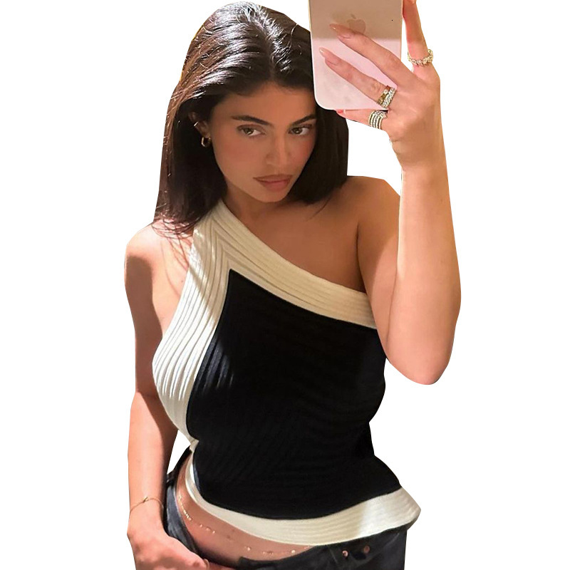 Designer Niche Women's Top T-shirt Sexy Slanted Shoulder Hanging Neck Tie Vest Black And White Contrasting Fashionable Sleeveless Women's Cl